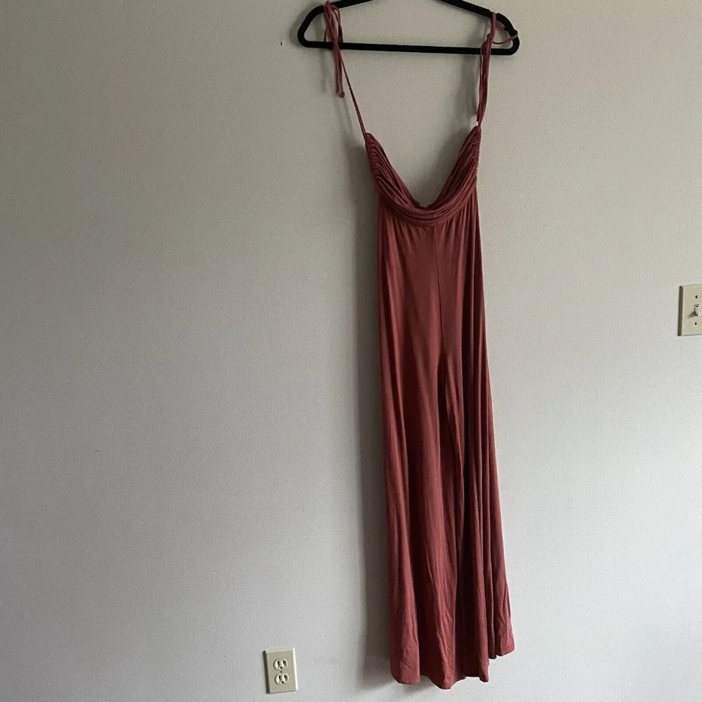 FP Beach SZ XS Terracotta Boho Slinky Tie Straps Cowl Neck All Day Long Jumpsuit